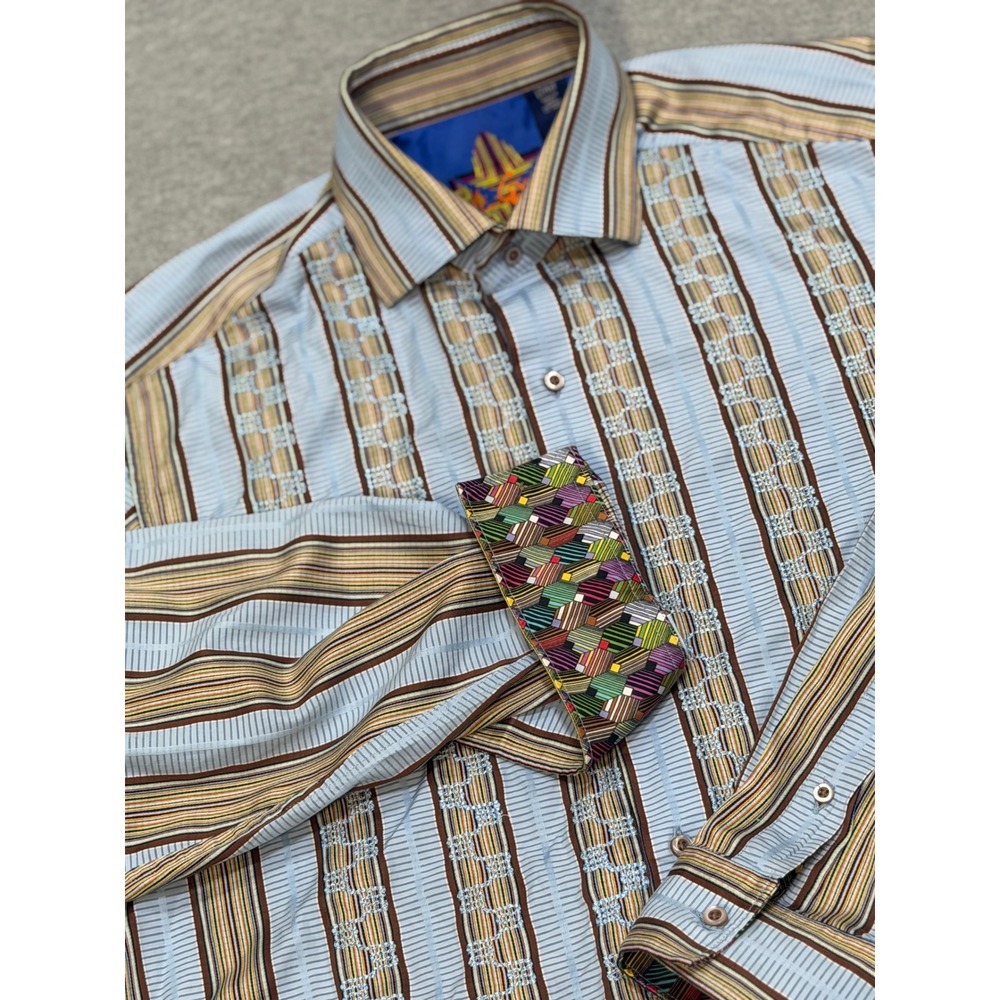 Robert Graham Mens LT Blue Brown Striped Geometric Embroidered Button Down Shirt